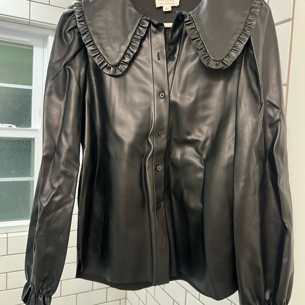 Black Ruffled Leather Shirt